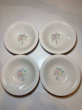 Charming VTG Sango China 'Joan T8851' Set of 4 Soup Bowls Flowers & Pink Trim